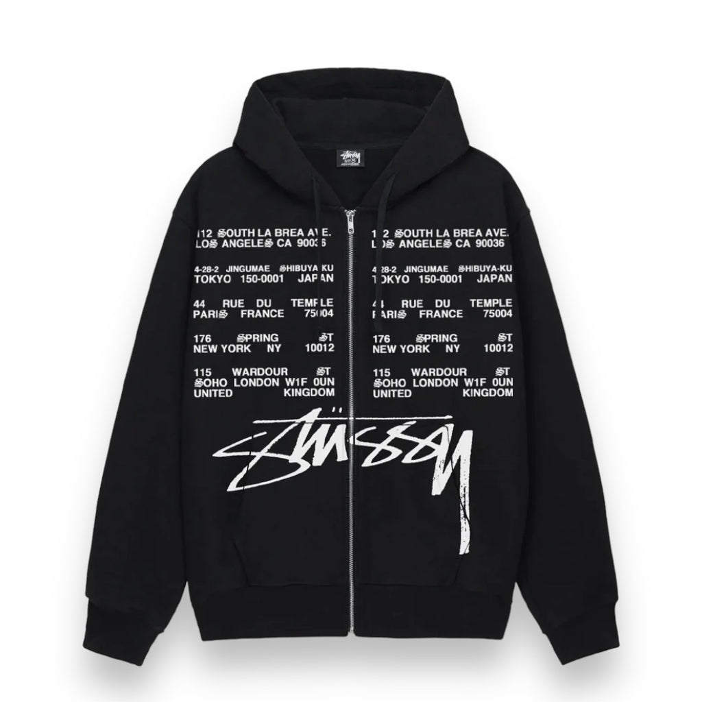 STÜSSY LOCATIONS ZIP HOODIE - BLACK