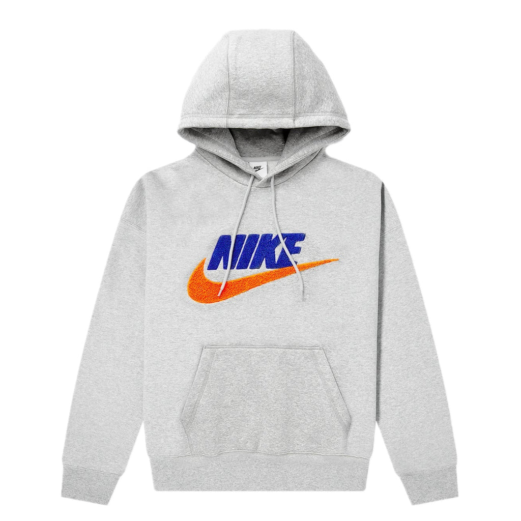 NIKE CLUB FLEECE PULLOVER HOODIE - DARK GREY HEATHER/LIGHT SMOKE GREY/SAFETY ORANGE
