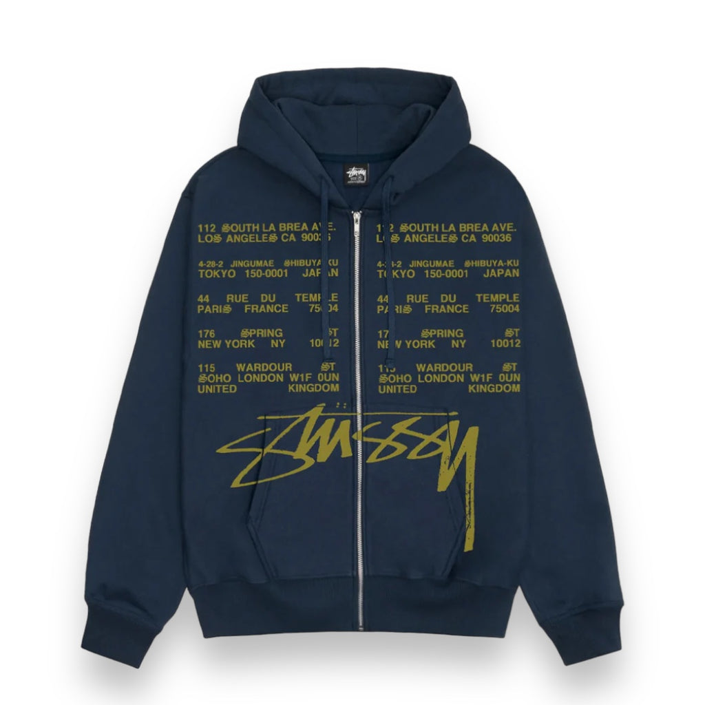 STÜSSY LOCATIONS ZIP HOODIE - NAVY
