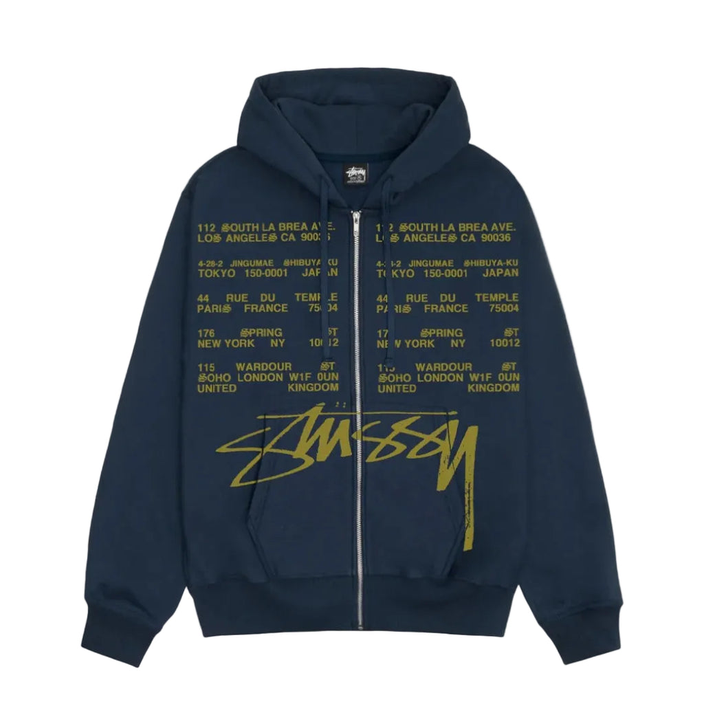 STÜSSY LOCATIONS ZIP HOODIE - NAVY