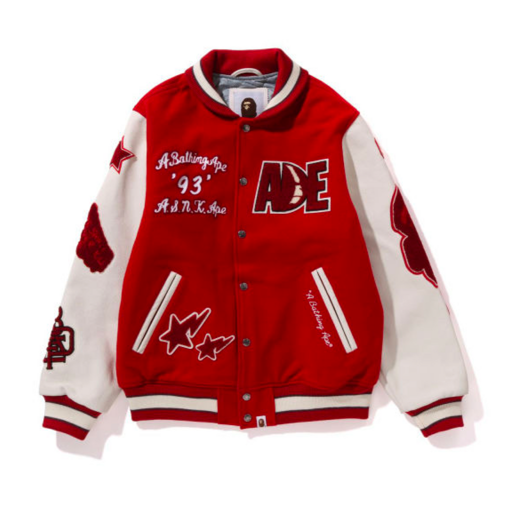 A BATHING APE BAPE MULTI MOTIF VARSITY JACKET - RED