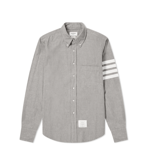 THOM BROWNE STRAIGHT FIT BUTTON DOWN LONG SLEEVE SHIRT W/ PRINTED 4 BAR IN CHAMBRAY - MED GREY