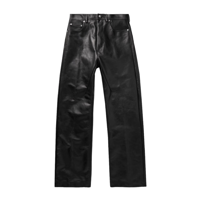 RICK OWENS (SS24 LIDO) OILED-LEATHER STRAIGHT LEGGED GETH JEANS - BLACK