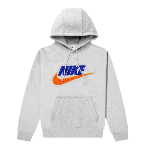 NIKE CLUB FLEECE PULLOVER HOODIE - DARK GREY HEATHER/LIGHT SMOKE GREY/SAFETY ORANGE