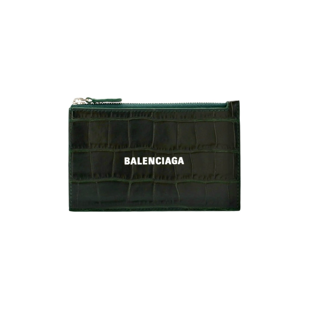 BALENCIAGA CASH LARGE COIN & CASH HOLDER SEMI MATTE CROC EMBOSSED CALF - FOREST GREEN/L WHITE