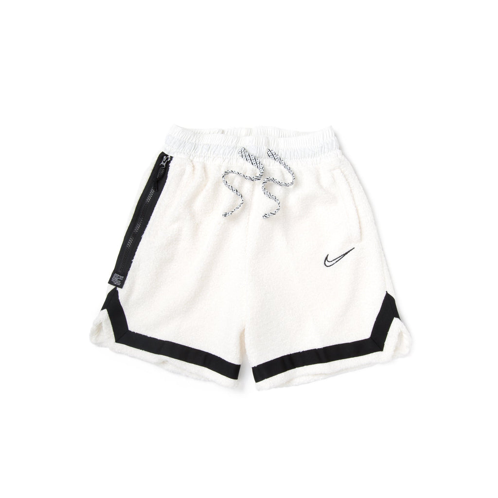 White athletic shorts with black trim, featuring a black side stripe, a black Nike swoosh on the left leg, and a black-and-white patterned drawstring, shown on a plain white background.