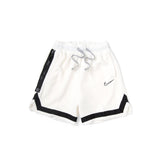 White athletic shorts with black trim, featuring a black side stripe, a black Nike swoosh on the left leg, and a black-and-white patterned drawstring, shown on a plain white background.