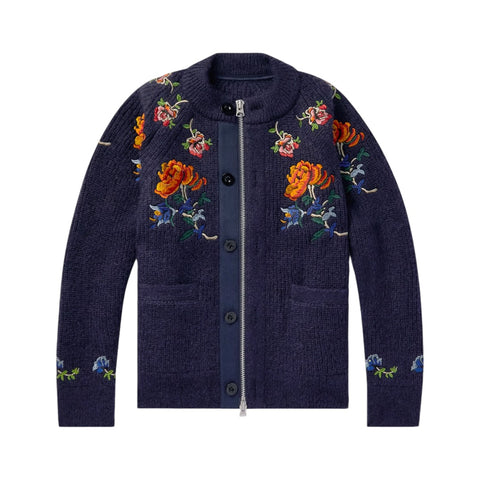 SACAI Embroidered Ribbed Mohair-Blend Zip-Up Cardigan - NAVY (22-02844M)