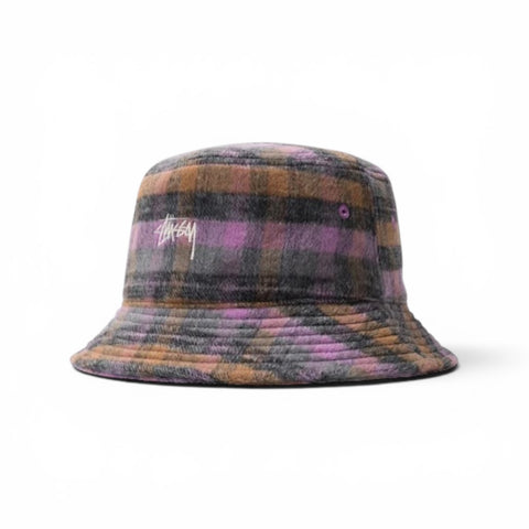 STÜSSY  BRUSHED PLAID BUCKET HAT - PURPLE