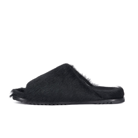 RICK OWENS FUR GRANOLAS SLIDE  - BLACK