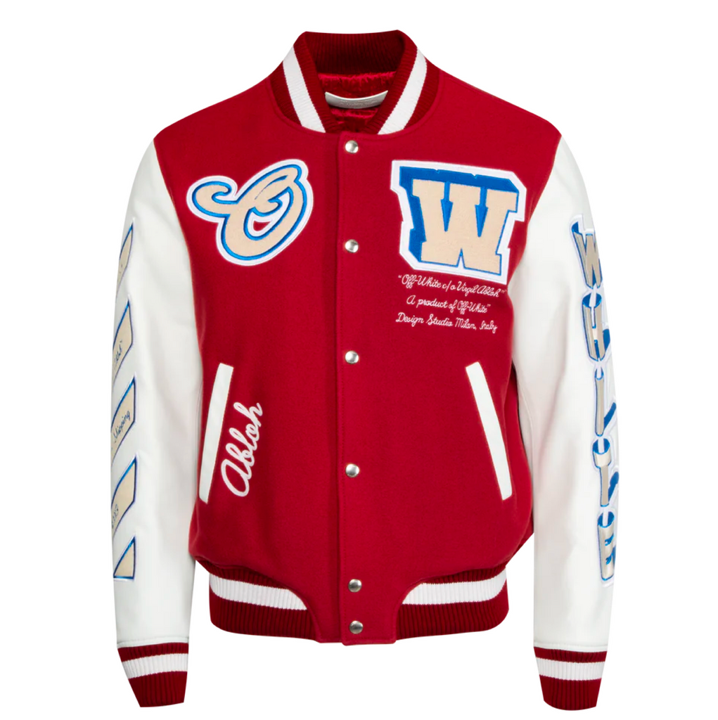 OFF—WHITE ON THE GO VARSITY JACKET - RIOT RED/OFF WHITE