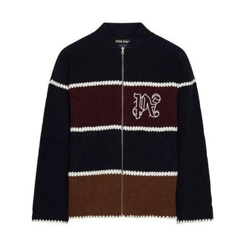 PALM ANGELS PA MONOGRAM STRIPED KNIT JACKET - NAVY BLUE./BROWN