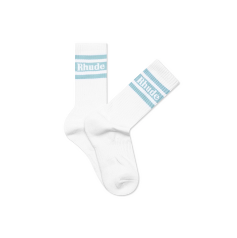 RHUDE STRIPED LOGO SOCK - WHITE/LIGHT BLUE