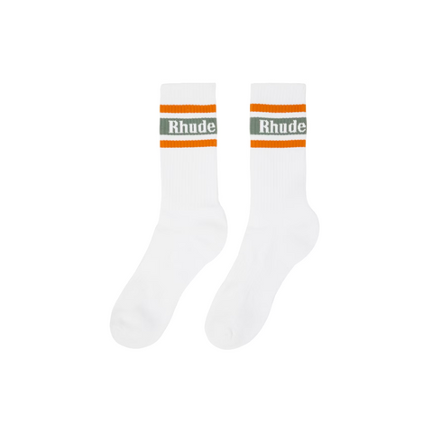 RHUDE STRIPED LOGO SOCK - WHITE/SAGE/ORANGE