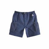 A pair of navy blue athletic shorts with a black elastic waistband, a black belt, and side mesh pockets, shown against a plain white background.