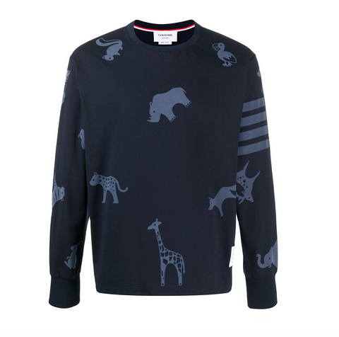 THOM BROWNE OVERSIZED LONG SLEEVE TEE W/ ALL OVER TONAL ICON PRINT - NAVY